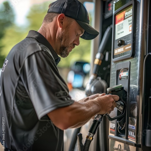 A man is using a gas pump to fill his truck with fuel, holding a fuel card and inserting it into the pay Job ID: d9f3290a-4f65-4fa6-9e23-fe3dd999730b