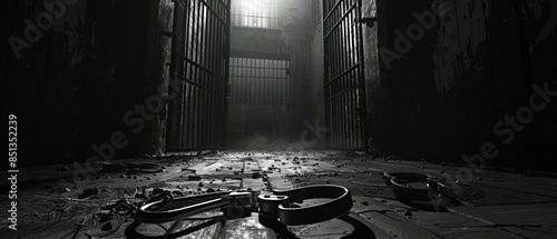 Prison cell door slightly ajar with broken handcuffs on the ground, cinematic lighting, noir, black and white, intense and suspenseful atmosphere