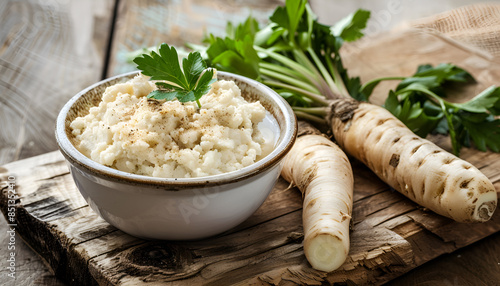 Ground horseradish, hot sauce to the food in a white bowl, roots and leaves of fresh horseradish, vintage wooden background