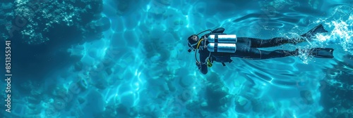 A scuba diver exploring the vibrant blue waters, showcasing the beautiful underwater world in a serene ocean setting.