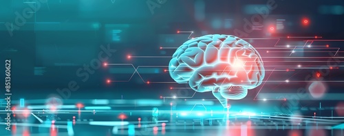 Futuristic digital brain with neural connections, highlighting technology, artificial intelligence, and neuroscience advancements.