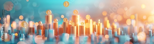 Golden cryptocurrency coins rise from colorful graph bars, symbolizing digital currency growth and investment opportunities in a tech savvy world.