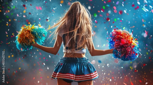 Cheerleading concept image with view of a cheerleader girl with colorful pompom hyper realistic 