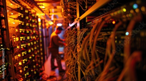 Data Center With Network Cables showing a highly organized setup with a technician working amidst an array of cables and blinking lights.