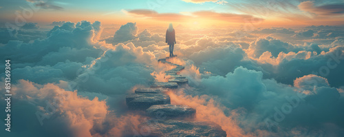 A person walking on a path made of clouds, with fluffy white pillows for stepping stones.