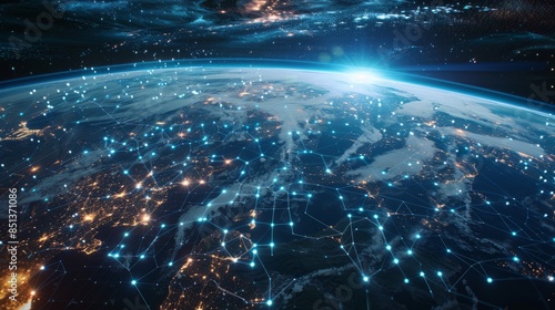 Global connection internet satellite web data network 5G telecommunications world space low orbit regional geopolitics technology infrastructure hyper realistic 