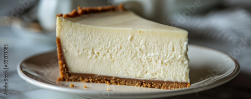 A close-up photo of a slice of cheesecake with a graham cracker crust and a rich, creamy filling.