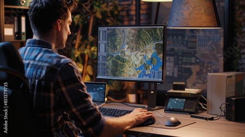 A man is seated at a desk, using a computer to analyze geographic data with maps on the screen hyper realistic 