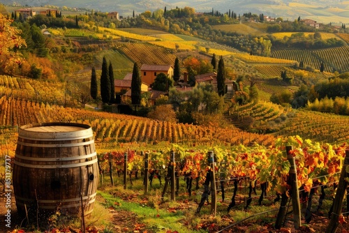 Wine Fall. White Wine Vineyard with Barrel in Chianti, Tuscany, Italy