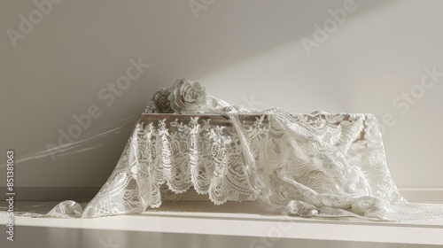 A table covered in a white lace tablecloth hyper realistic 