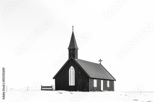 Church Black And White. Traditional Icelandic Budir Chapel Isolated on White Background