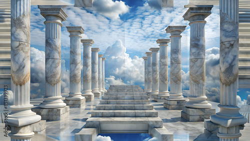 Marble pillars and steps on blue sky with clouds background. 3d illustration