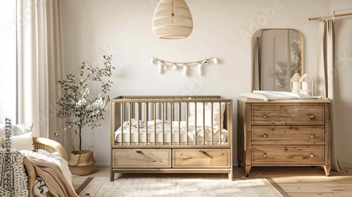 Interior of light bedroom with baby crib drawers