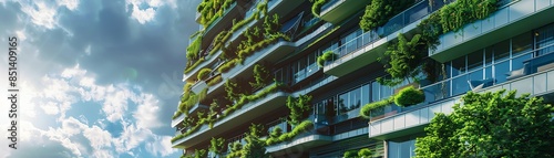 Futuristic building with solar panel facades and extensive greenery, blending modern architecture with ecofriendly features, showcasing urban sustainability