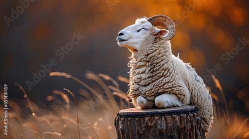 Peaceful ram relaxing on a stump in the warm sunlight