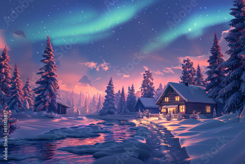 Beautiful winter evening landscape with northern light.