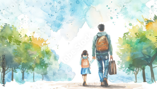 A man and a little girl are walking together in a park
