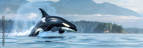 Horizontal photo of a single young adult Orca Whale breaking the surface within the San Juan Islands on a beautiful summer day. Creative banner. Copyspace image