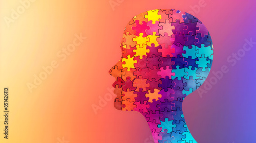 Une silhouette de tête humaine composée de pièces de puzzle multicolores sur un fond dégradé du jaune au violet.