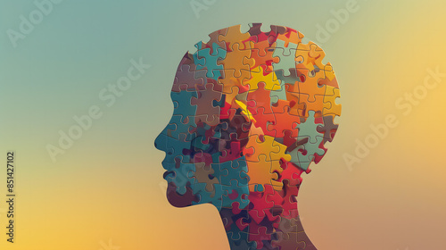Une silhouette de tête humaine composée de pièces de puzzle multicolores sur un fond dégradé de jaune à bleu.