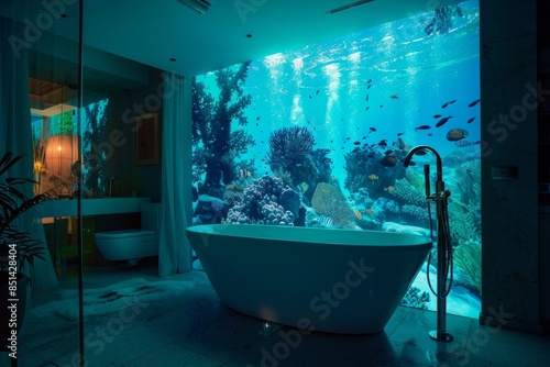 Contemporary Elegance: Blue Bathtub in Serene Illumination. Bathroom Interior design concept