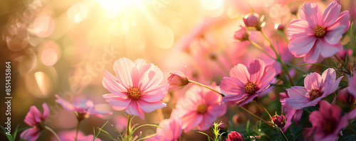 Beautiful pink flowers in the garden with sunlight and green grass background.