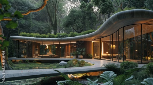Modern architectural masterpiece surrounded by a tranquil zen garden at dusk.