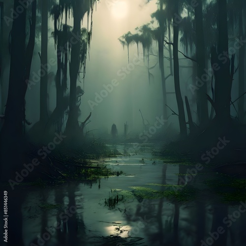 the heavy mist obscures the true nature of the swamp making it seem as though the ghostly shapes flo