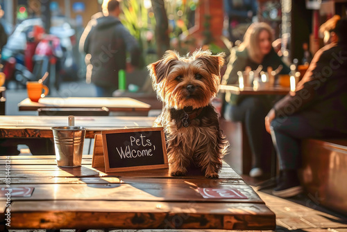 Charming Yorkie sitting at a pet-friendly outdoor cafe table with a "Pets Welcome" sign, capturing the inviting atmosphere for pet lovers