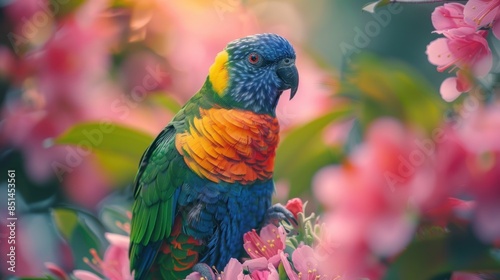 A colorful parrot is perched on a pink flower. The bird is surrounded by a beautiful, vibrant, and colorful background. Concept of joy and liveliness