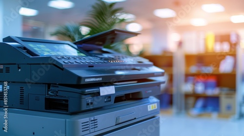 A white printer sits on a desk with a paper tray. The printer is surrounded by other office equipment, including a computer monitor and a keyboard. Concept of productivity and efficiency