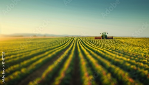 Tractor working on a vast, green agricultural field during sunrise, highlighting rural farming and crop cultivation.
