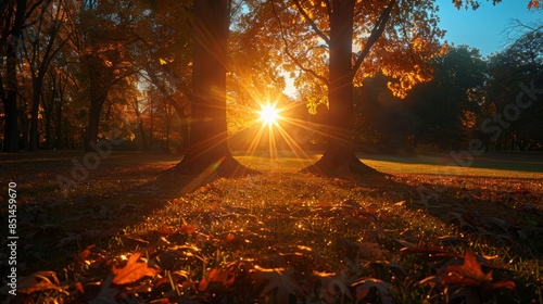 A serene image of the sun setting perfectly between two trees, casting long shadows on the ground, marking the arrival of the autumnal equinox and the beginning of fall.