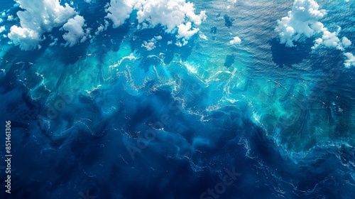 A breathtaking aerial view of a vast ocean, with shades of blue ranging from deep navy to turquoise, highlighting the beauty and magnitude of Earth's marine environments.