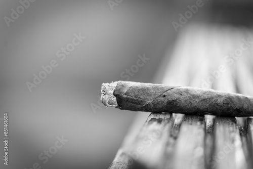 Close-up of a cigar sitting on a wooden bench. Black and white.