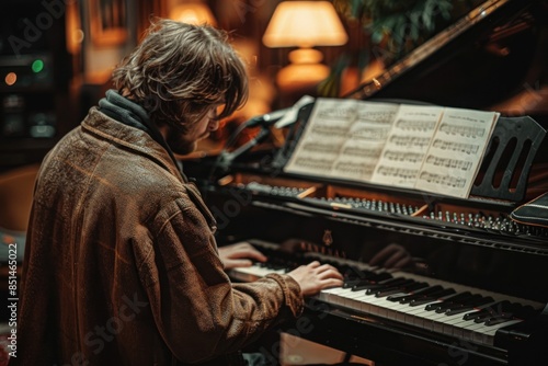 A man is playing the piano with sheet music in front of him