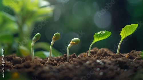 Close-up of plant growth stages, seedlings sprouting from soil in natural light, symbolizing development and new beginnings.