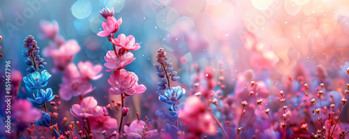 art background with colorful pink, blue and purple spring flowers