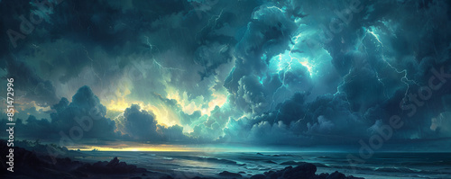 A classic oil painting of a vast thunderstorm over a rugged coastline, its dark clouds and lightning bolts conveying the power of nature.