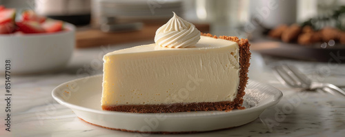A slice of New York-style cheesecake with a graham cracker crust and a rich, creamy filling.