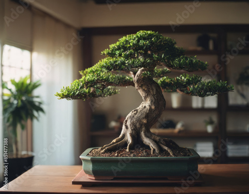 Un bonsai con foglie argentate e un tronco contorto che racconta storie di tempi antichi. 