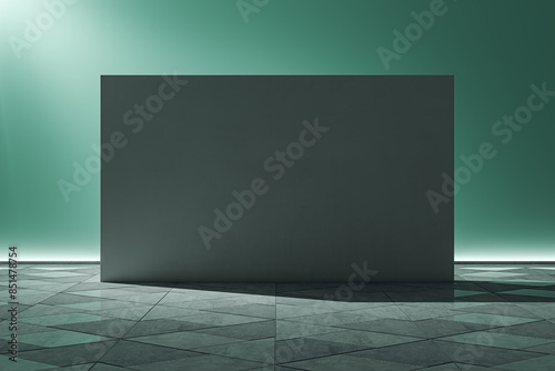 A modern interior concept with an empty, dark wall on a green background and geometric patterned floor. 3D Rendering