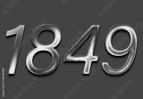 Chrome metal 3D number design of 1849 on grey background.