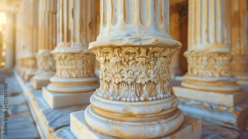 A closeup of classical Greek columns, each with intricate carvings and a soft white marble finish, standing in the center of an architectural building.