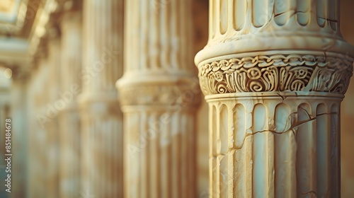 A closeup of classical Greek columns, each with intricate carvings and a soft white marble finish, standing in the center of an architectural building.