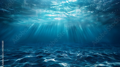 A deep blue ocean with light shining down, viewed from the bottom of an underwater scene. The water is calm and serene, creating a sense of tranquility and vastness in its depth.