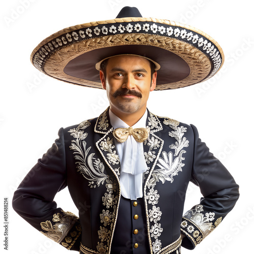 Man in traditional mariachi attire featuring embroidered suit and sombrero. Represents Mexican culture, music, and folk traditions.