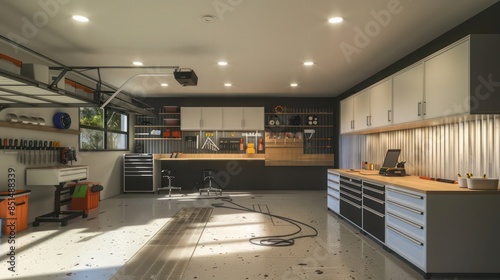 minimalist garage conversion with sleek storage solutions, a workshop area, and clean lines for a modern, functional space