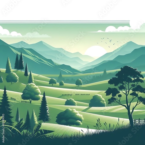 A landscape of a green field with tree design drawing graphics and mountains eyecatching vector vector accessible.