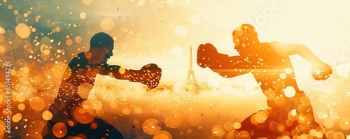 Silhouettes of two figures fighting in a golden light.